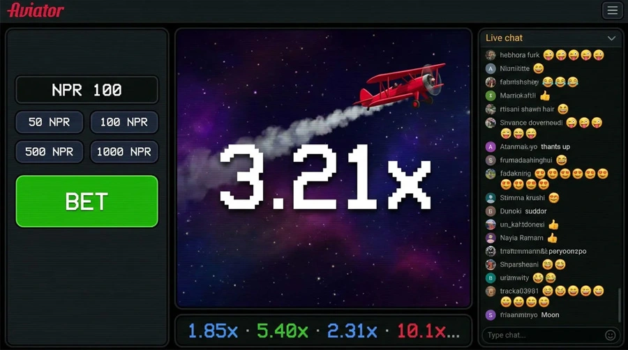 Aviator gameplay interface — bet, multiplier, cashout