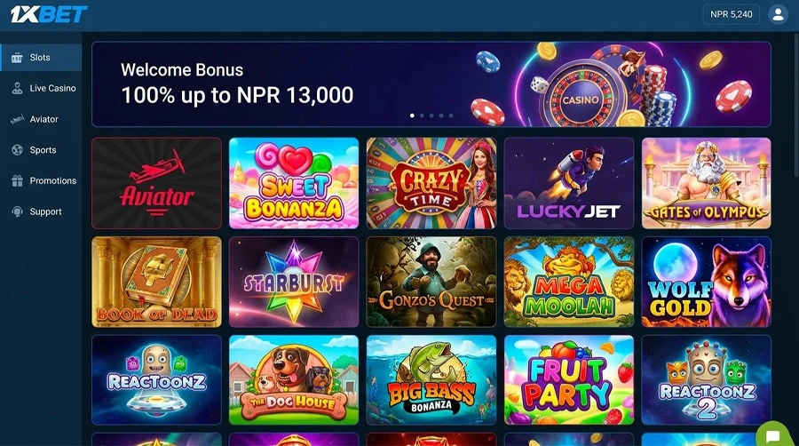 हजारौं स्लटसहित 1xBet क्यासिनो लबी