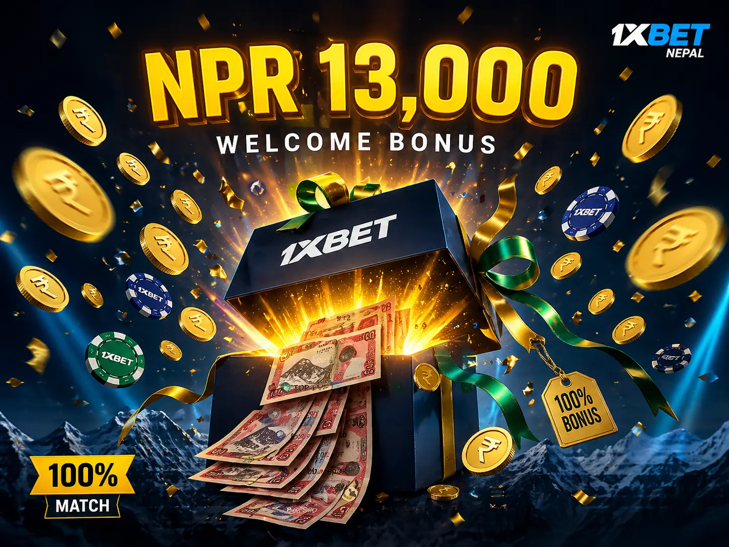 1xBet Nepal welcome package up to NPR 210,000 + 150 Free Spins