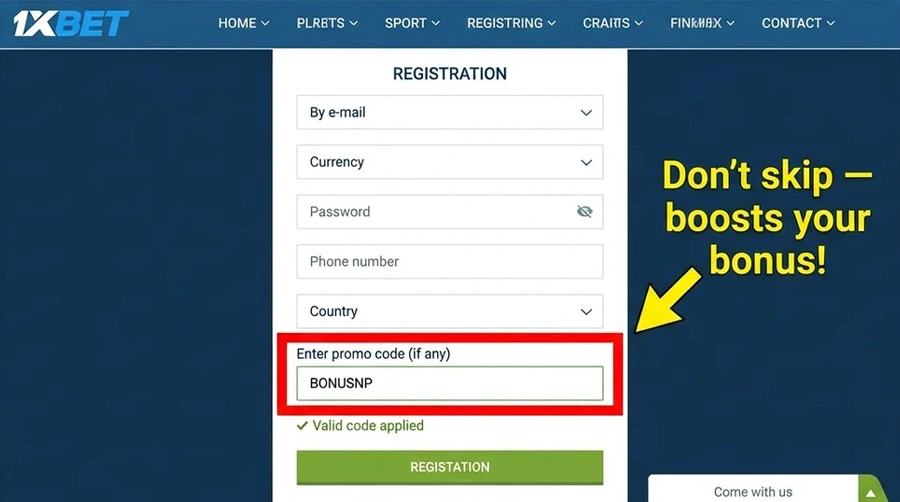 1xBet registration form with promo code field